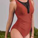 Cromi Tummy Control One Piece Swimsuit for Women Mesh V Neck Ruched Slimming Bathing Suit with Adjustable Straps Brown XL (XL)