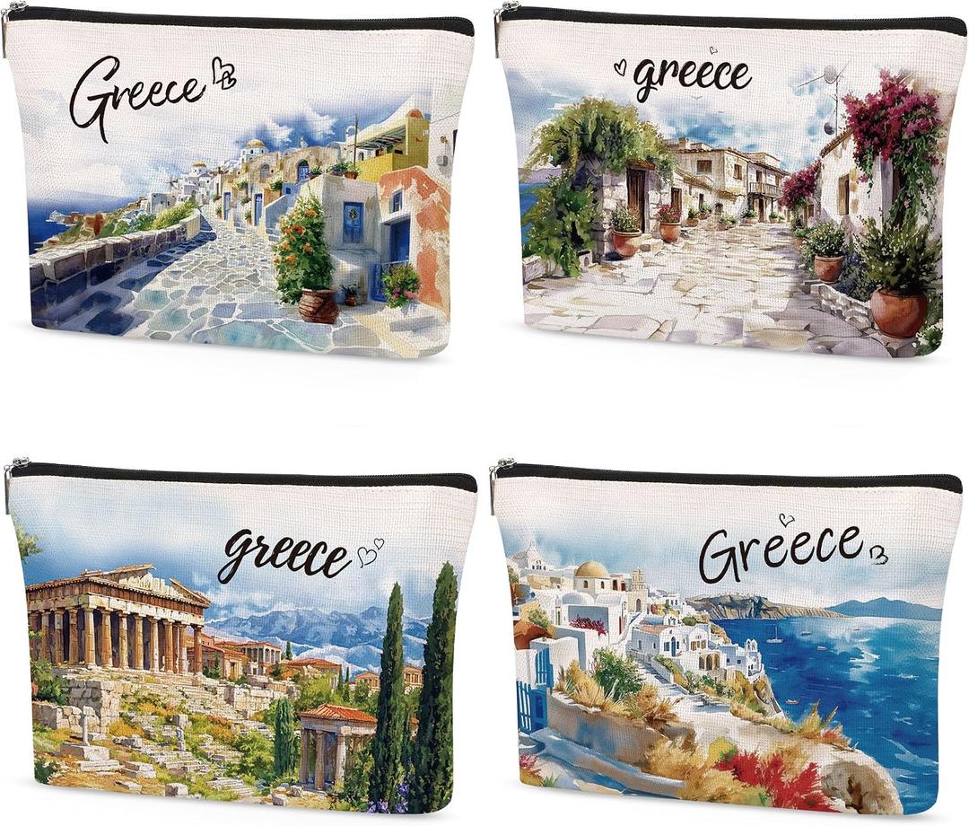 4 Pcs Greece Makeup Bags Gifts for Women, Greece Souvenirs City Themed Gifts Cosmetic Bag, Travel Gifts for Girls Besties Best Friend Bff Sister Daughter