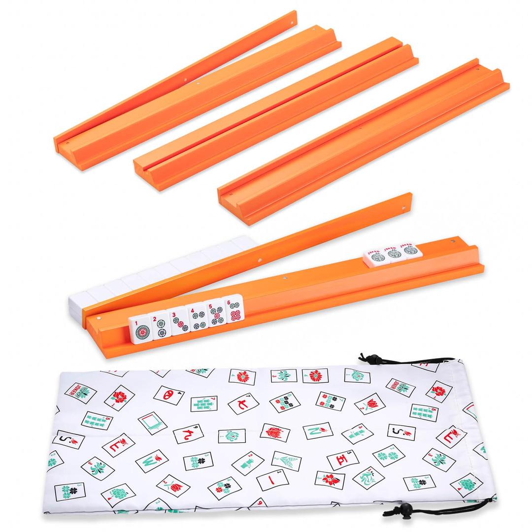 LUMIVIA Mahjong Racks with Pushers, Orange Wooden American Mahjong Tile Pushers and Racks Set of 4, with White Printed Mahjong Racks Drawstring Bag, Mahjong Accessories (19.68 Inches)