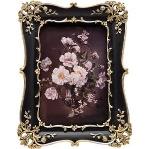 4x6 Vintage Picture Frame, Antique Black and Gold Ornate Photo Frame for Wall Hanging or Tabletop Display, Decorative Floral Design Retro Home Decor, Photo Gallery Art