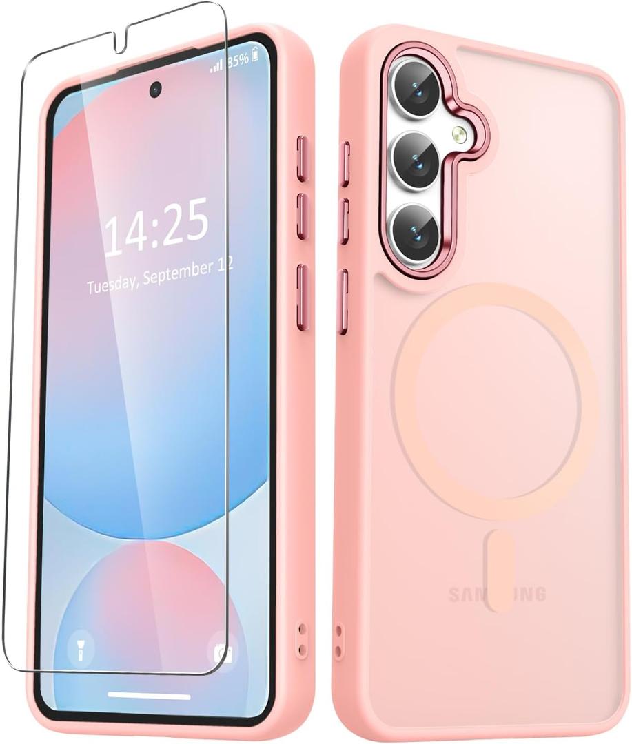 for Samsung Galaxy S25 Case, Matte Magnetic Phone Case with 1 Screen Protector, Support for Magsafe, Translucent Frosted Shockproof Protective Cover for Samsung Galaxy S25, Pink