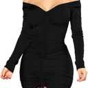 XXTAXN Women's Sexy Elegant Long Sleeve Off The Shoulder Ruched Mini Dress (Large, Black)