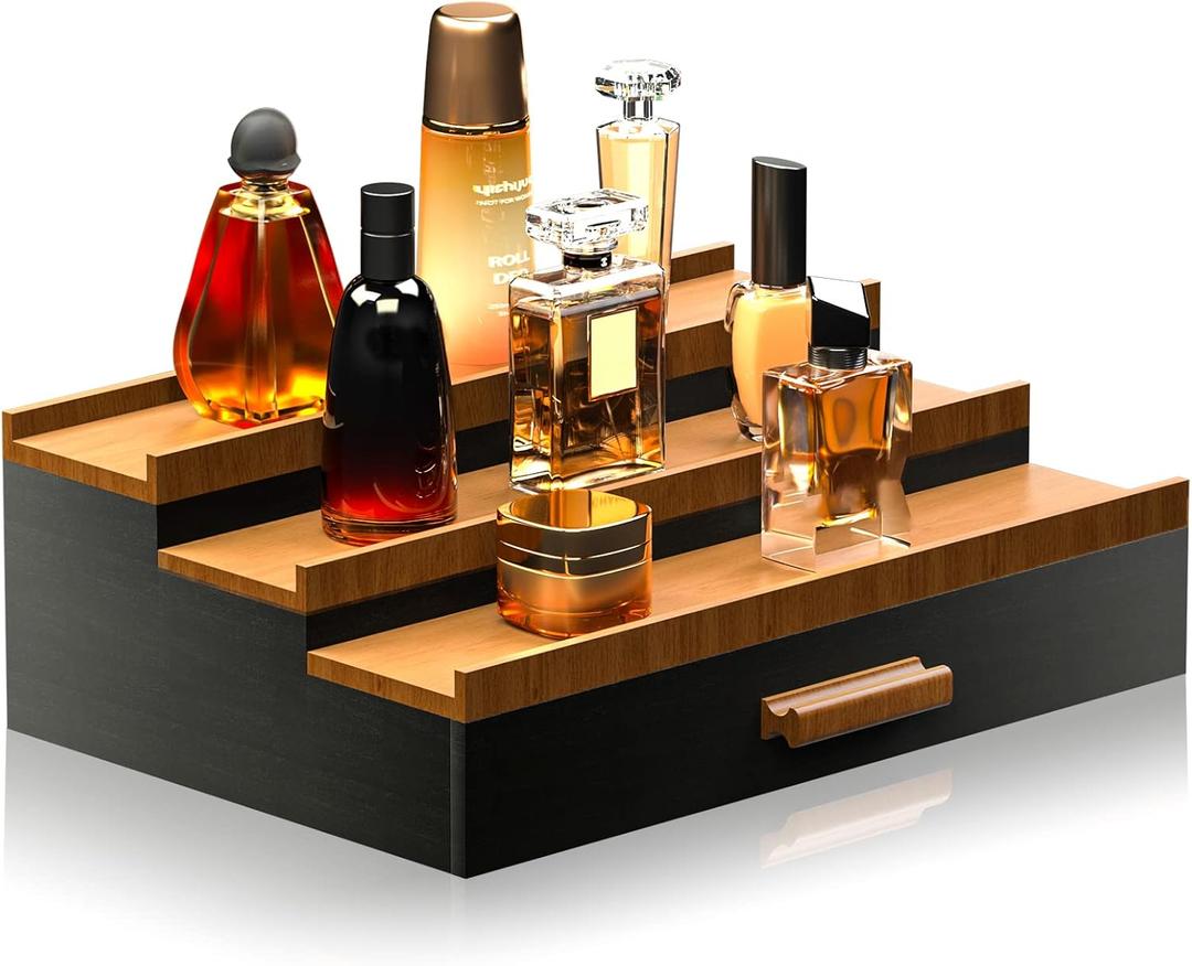 Sephyroth Cologne Organizer for Men 3 Tier of Cologne Display with Drawer Storage Perfume Organizer Display,Great Gift for Man(Black Walnut)