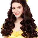 Half and Half Long Brown Curly Princess Wig with Bun + Yellow Ribbon + Wig Cap, 23.6'' Dark Brown Costume Wave Wigs for Women Halloween Party