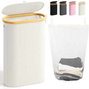 Slim Laundry Hamper with Lid, 60L Small Laundry Basket with Handles&Removable Bag, Thin Dirty Clothes Hampers for Laundry, Narrow Laundry Hampers for Bedroom Aesthetic, Beige