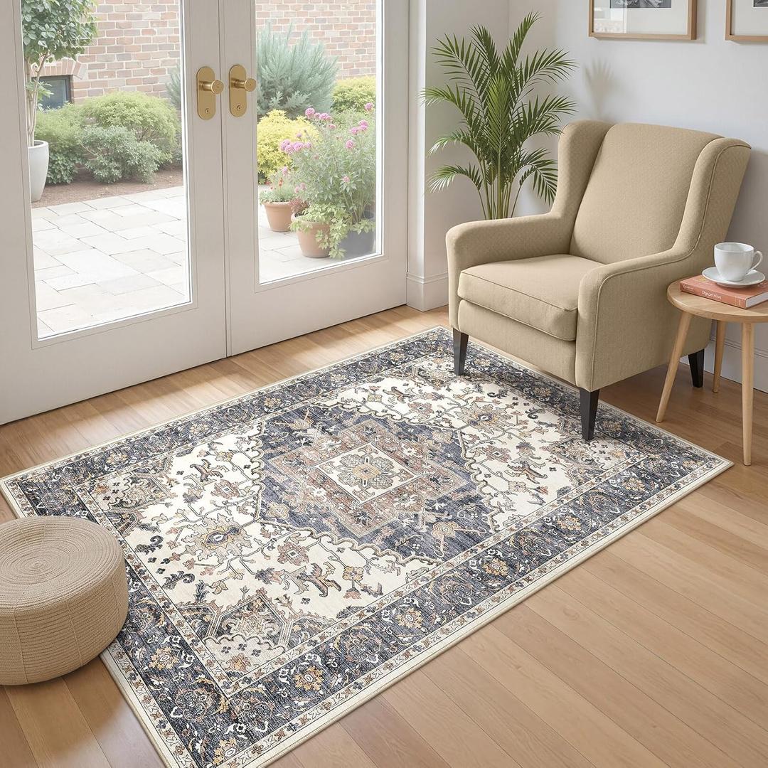 3x5 Washable Area Rugs for Living Room: Non Slip Vintage Beige Blue Rug, Large Soft Stain Resistant Indoor Floor Carpets for Bedroom Dining Room Nursery Home Office Kid & Pet Friendly