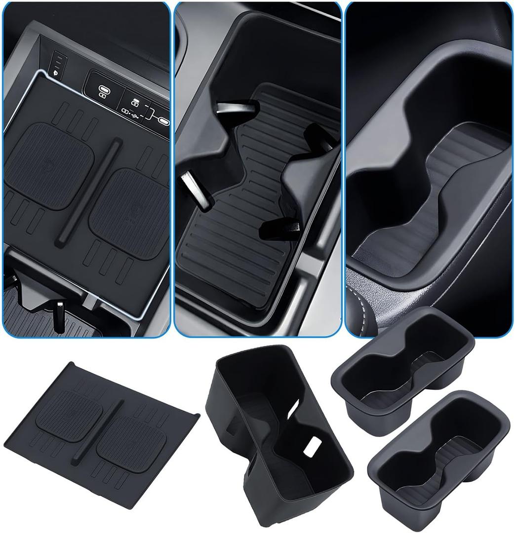 1st & 2nd Row Cup Holder Insert & Wireless Charging Protective Mat for Hyundai Santa Fe 2026 2025 2024, Center Console Interior Accessories Cup Holder & Wireless Charger Cover Pad, Black