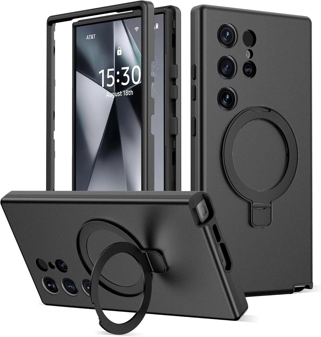 Designed for Samsung Galaxy S24 Ultra Case with Magnetic Ring Stand [Compatible with Mag-Safe][Military Grade Drop Protection][Build in Kickstand] S24 Ultra Phone Case 6.8",Black