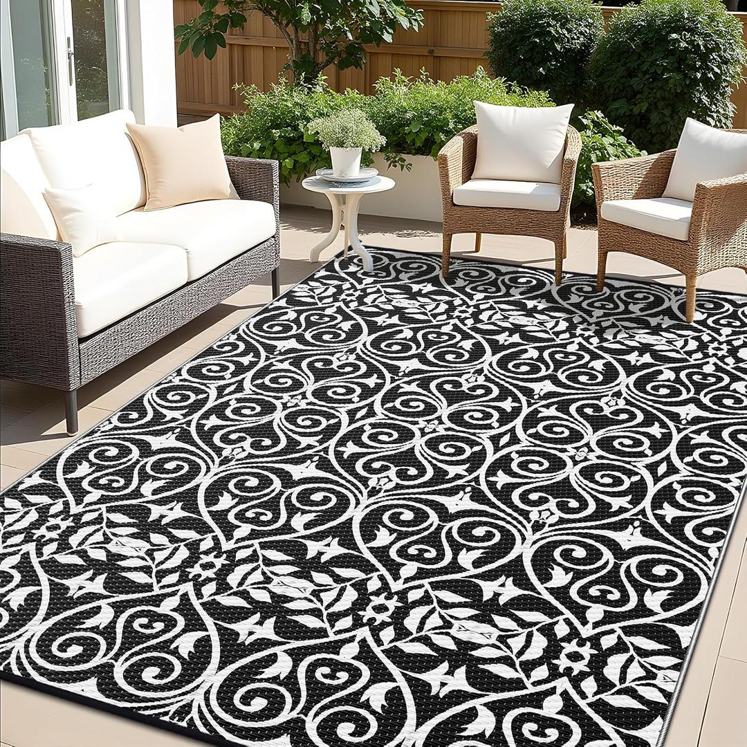 OLANLY Outdoor Rug Waterproof 6x9 ft Clearance, Reversible Outdoor Plastic Straw Rug with Floral Pattern, RV Mat for Patio, Camping, Balcony, Deck, Backyard, Black & White