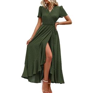 PRETTYGARDEN Women's Summer Maxi Dress Casual Wrap Floral Boho Short Sleeve V Neck Split Ruffle Beach Long Dresses, Large