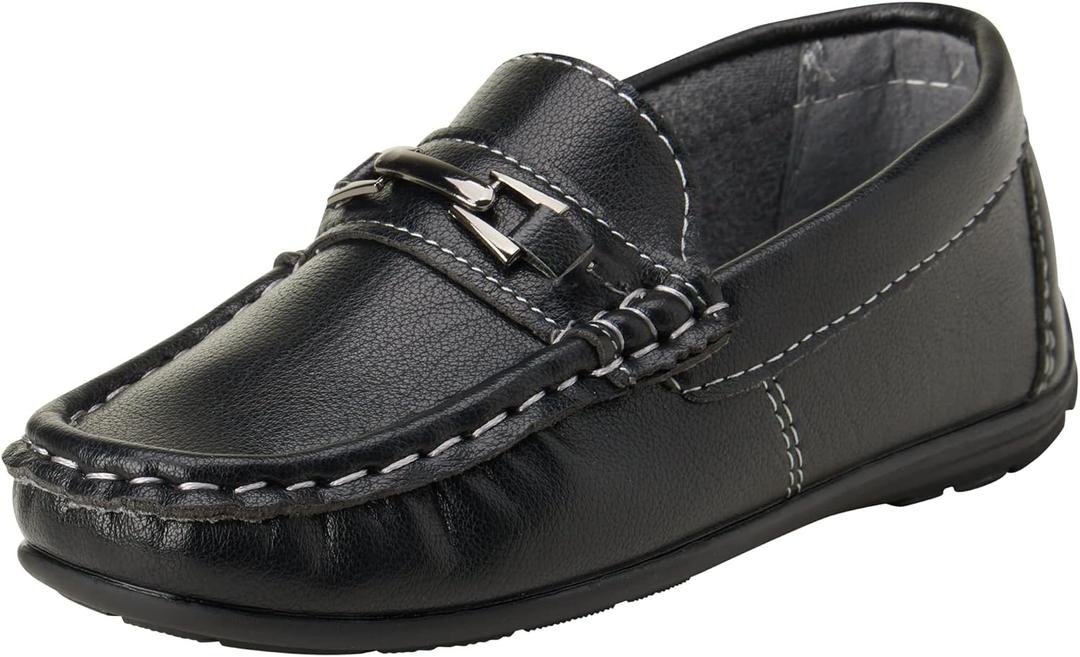 Josmo Boys Moccasin Boat Shoes - Casual Leatherette Driving Loafers - Black (Size 8 Toddler)