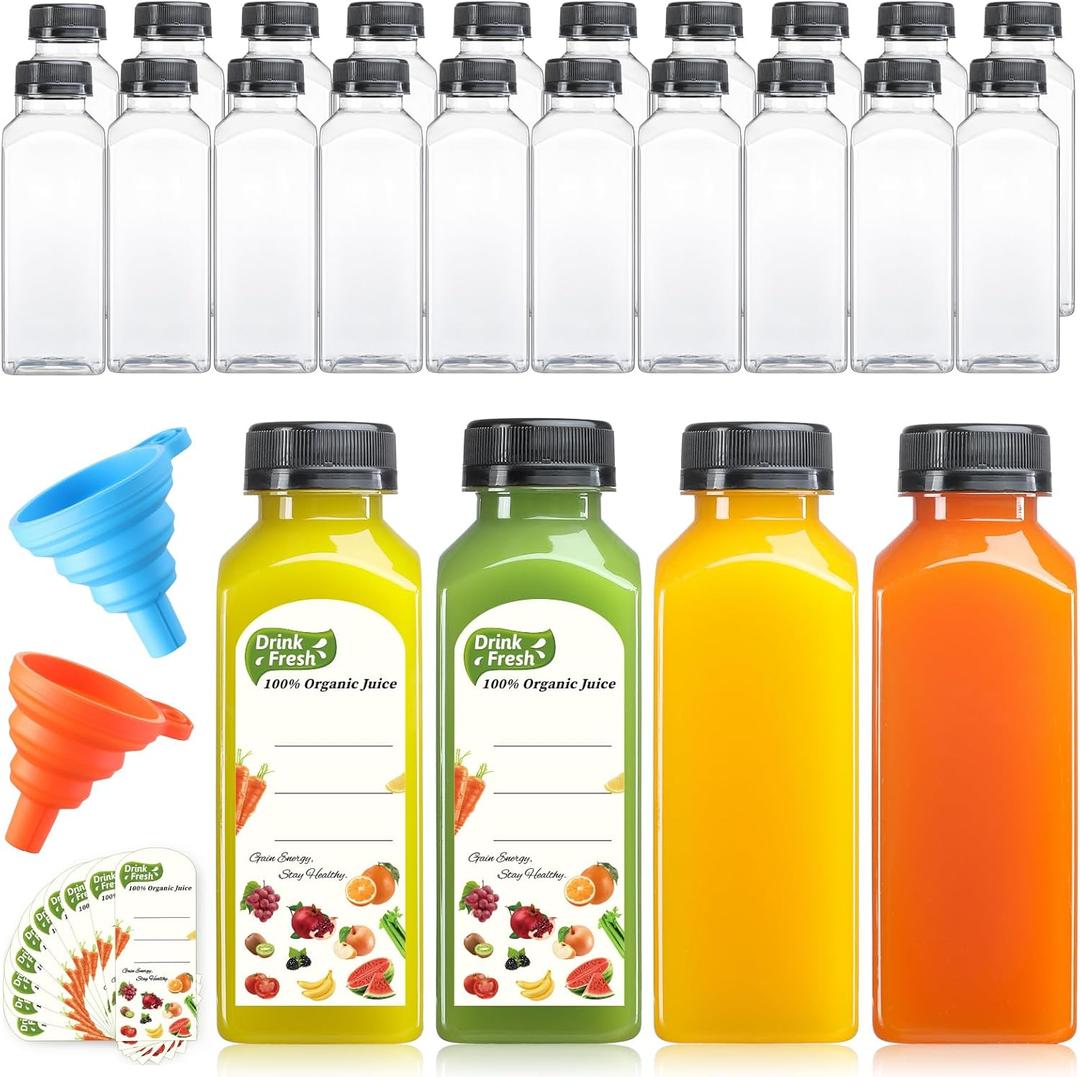 24 PACK 12 OZ Reusable Thicker Plastic Juice Bottles with Caps, Food Grade