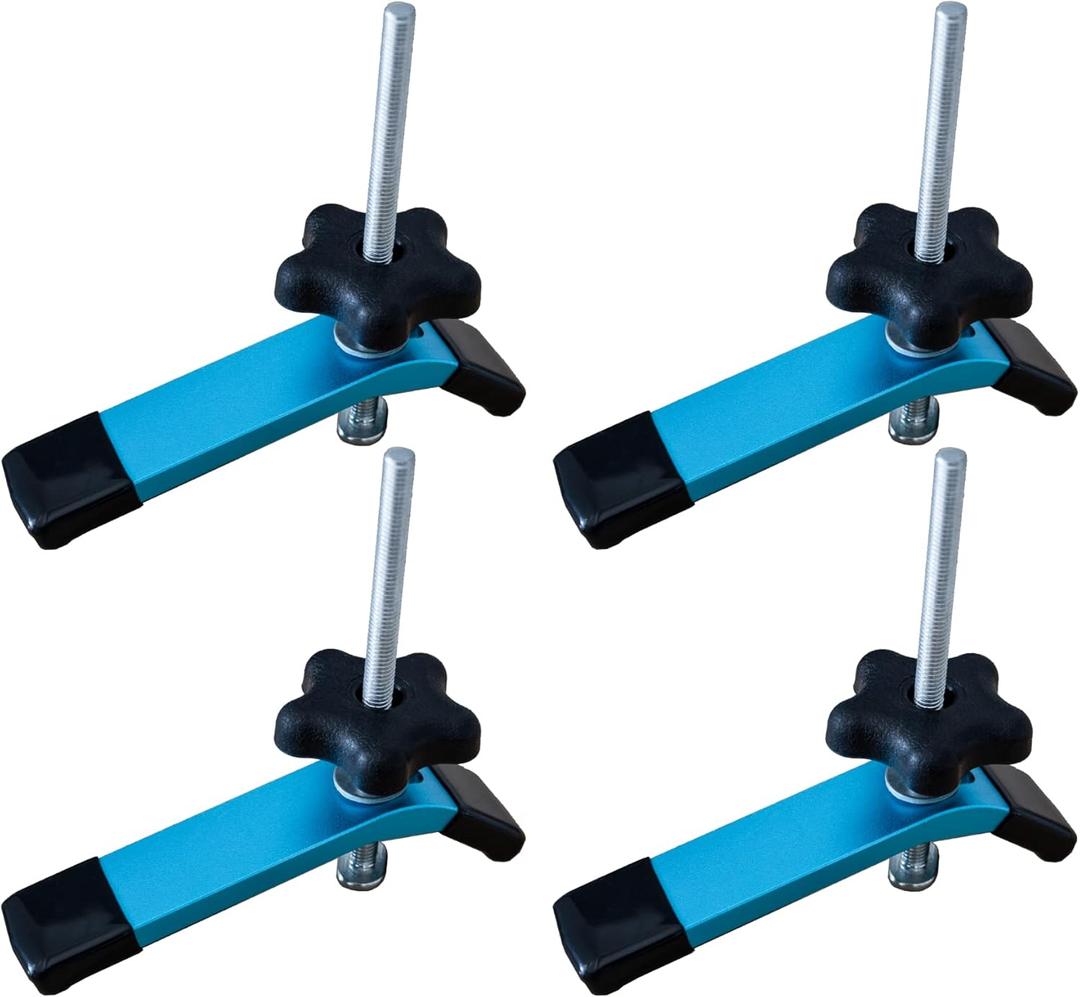 T Track Hold Down Clamps with USA Thread T Bolts, 4pcs Aluminum Middle Size 5-1/2 L x 1-1/8 W Light Blue Hold Down Clamps for Woodworking T-tracks, 5/16-18 T Bolts & Knobs