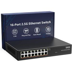 YuanLey 16 Port 2.5GB Unmanaged Ethernet Switch, 16 x 2.5G Base-T Ports, Compatible with 100/1000/2500Mbps, Metal Fanless, Desktop/Rack Mount YuanLey 2.5 Gigabit Network Switch for Wireless AP, PC