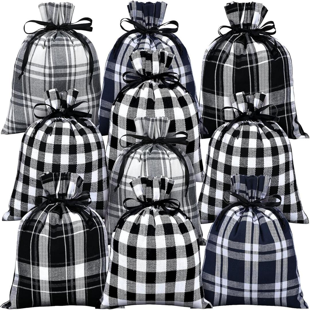 10 Pieces Christmas Buffalo Plaid Drawstring Bags Drawstring Gift Bags Santa Large Sacks Xmas Wrapping Bags Cotton Drawstring Bags Sack for Party Favors Candies (Black and White Plaid, 9 x 12 Inch)