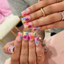 Flower Press on Nails Short Square Shaped Fake Nails with Colorful Floral Designs Full Cover Summer Press on Nails Glossy False Nail Acrylic Stick on Nail for Women Nail Art DIY 24 Pcs