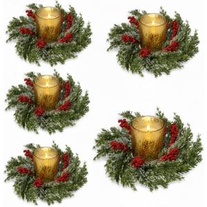 Cinnvoice 4 Pcs Christmas Candle Rings Wreath Artificial Garland with Red Berry Mini Christmas Candle Wreath for Table Centerpiece Home Kitchen Cabinet Windows Front Door Decor (Cypress)