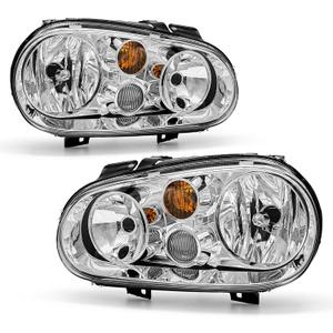 For 1999-2006 Volkswagen Golf MK4 Headlight Assembly with 1999-2002 VW Cabrio/2004 VW Golf R32 Chrome Housing Amber Reflector Headlamp Replacement Driver and Passenger Side
