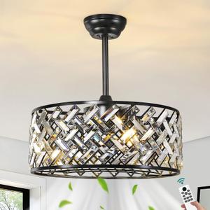 Caged Ceiling Fan with Light 20＂Black Crystal Fandelier Remote/APP Control, Large