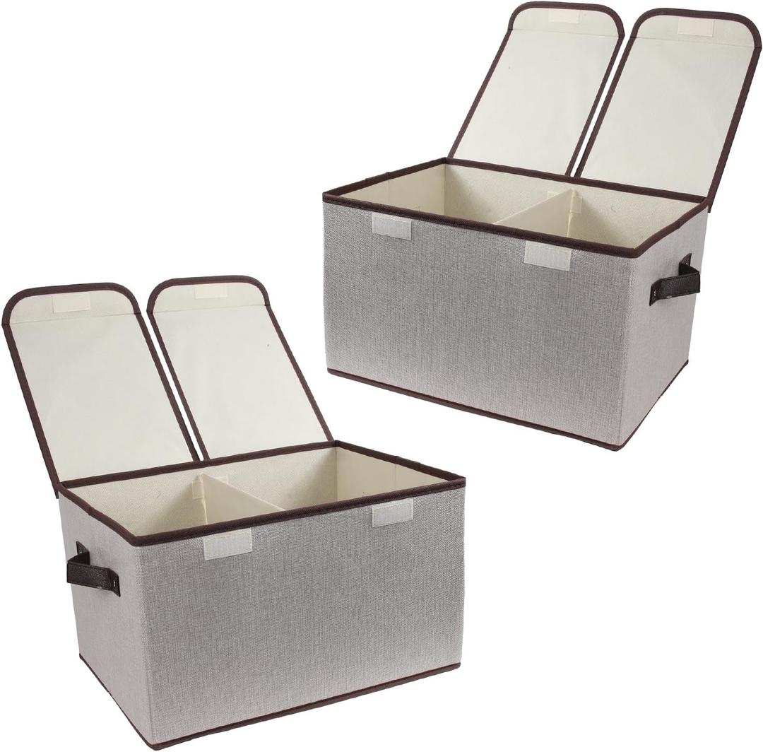 Foldable Fabric Storage Box with Double-Lid & Dividers, Large Organizer for Home, Closet, Office (Grey, 2 Packs)