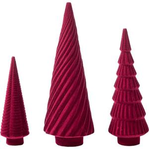 DN DECONATION 3Pcs Flocked Red Velvet Table Top Christmas Tree, Resin Xmas Tree Figurine Decor with Pine, Swirl & Wave Designs, Tree Statues Set for Christmas Indoor Decorations, Mantel, Entryway