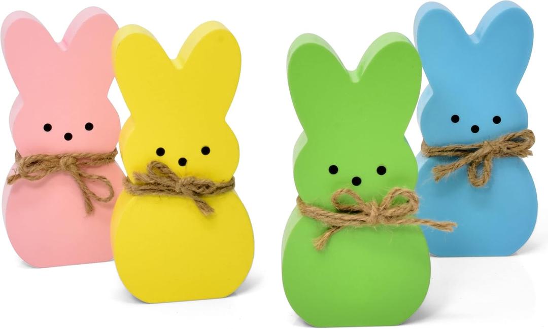 Gift Boutique 4 Easter Bunny Peeps Table Decorations Centerpieces Wooden Spring Shaped Peep Bunnies Rabbit Tiered Tray & Table Top Sign Decor for Mantle Home Wood Rustic Farmhouse Party Supplies