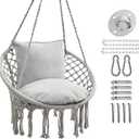JoyView Macrame Hammock Chair Hanging Swing Chair Max 330 Lbs with 2 Cushions and Hardware Kits for Indoor Outdoor Bedroom Patio Garden - Light Grey