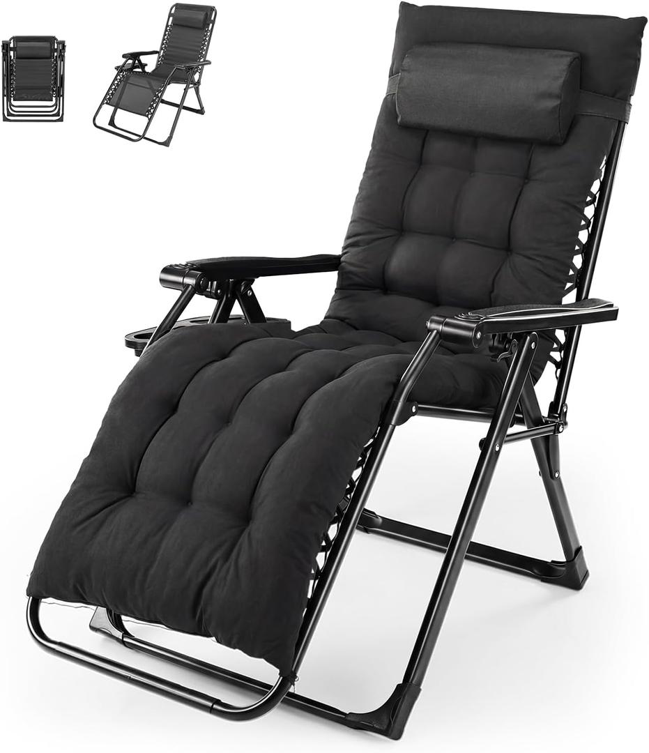 NEWBULIG Zero Gravity Chair, Folding Patio Recliner with Cup Holder Trays | Portable Lounge Chair with Removable Cushion for Beach & Camping, Black