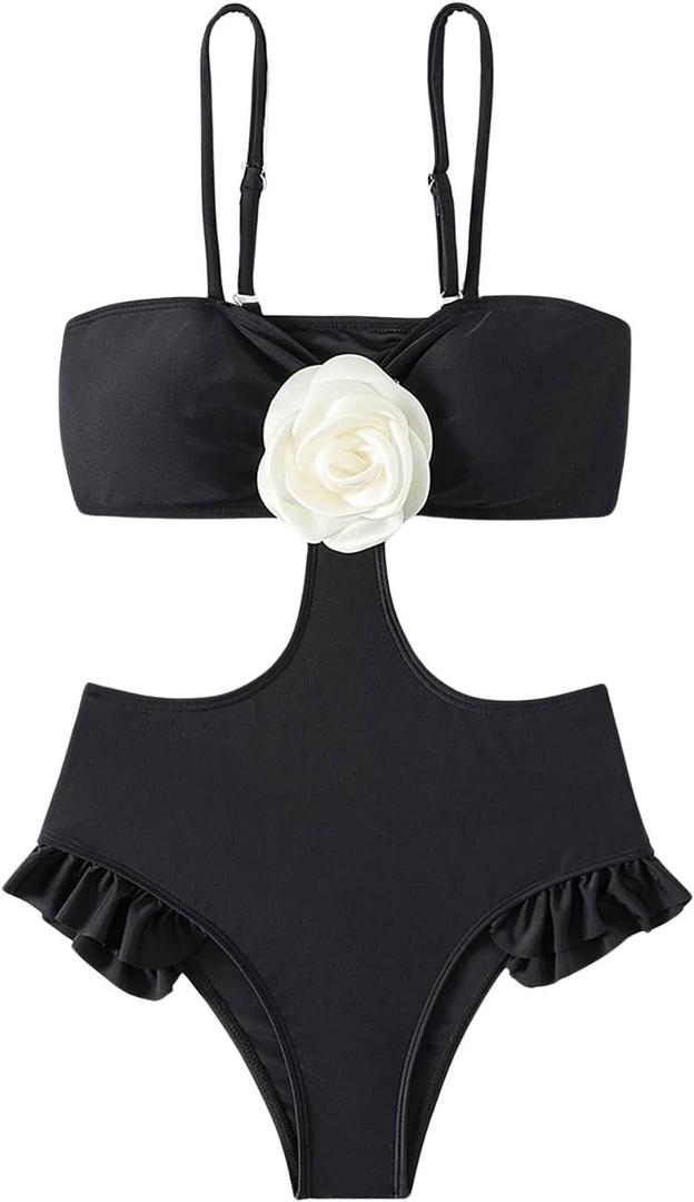 SweatyRocks Girl's One Piece 3D Flower Swimsuit Spaghetti Strap Cut Out Ruffle Bathing Suit Beachwear (8 Years, Black)