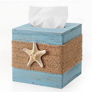 Summer Beach Tissue Box Cover Rustic Blue Wood Tissue Box Cover, Beach Decor, Coastal Decor, Farmhouse Bathroom Accessories Starfish Decor Tissue Holder with Slide-Out Bottom Panel for Home