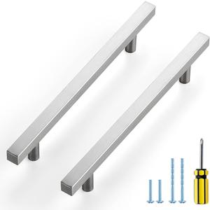 Ravinte Brushed Nickel Cabinet Handles 5 Pack 6-3/10 inch Satin Nickel Square Cabinet Pulls Silver Hardware for Kitchen Cabinets 8-4/5 inch Overall Length Stainless Steel Drawer Pulls