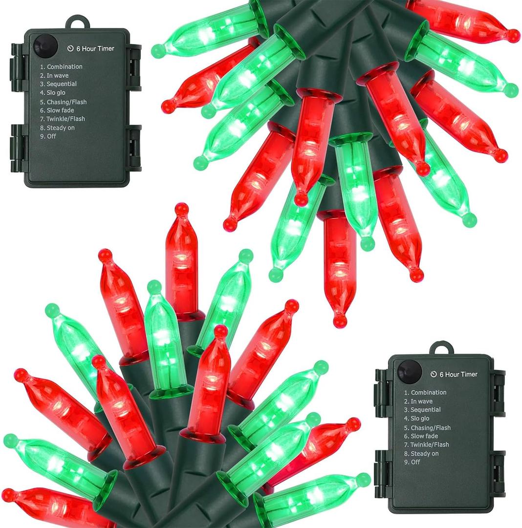 WATERGLIDE 2 Pack 50 LED Outdoor Christmas Lights, 16FT Battery Operated Mini String Lights with 8 Modes & Timer, Xmas Tree Lights Waterproof for Patio Garden Party Wedding Holiday Decor, Red & Green