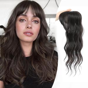 PANEWAY Clip in Bangs with Hair Topper 360° Cover Wavy Bangs Hair Clip on bangs for women Synthetic Hair Pieces Fluffy Fake Bangs for Daily Wear (Dark Brown)