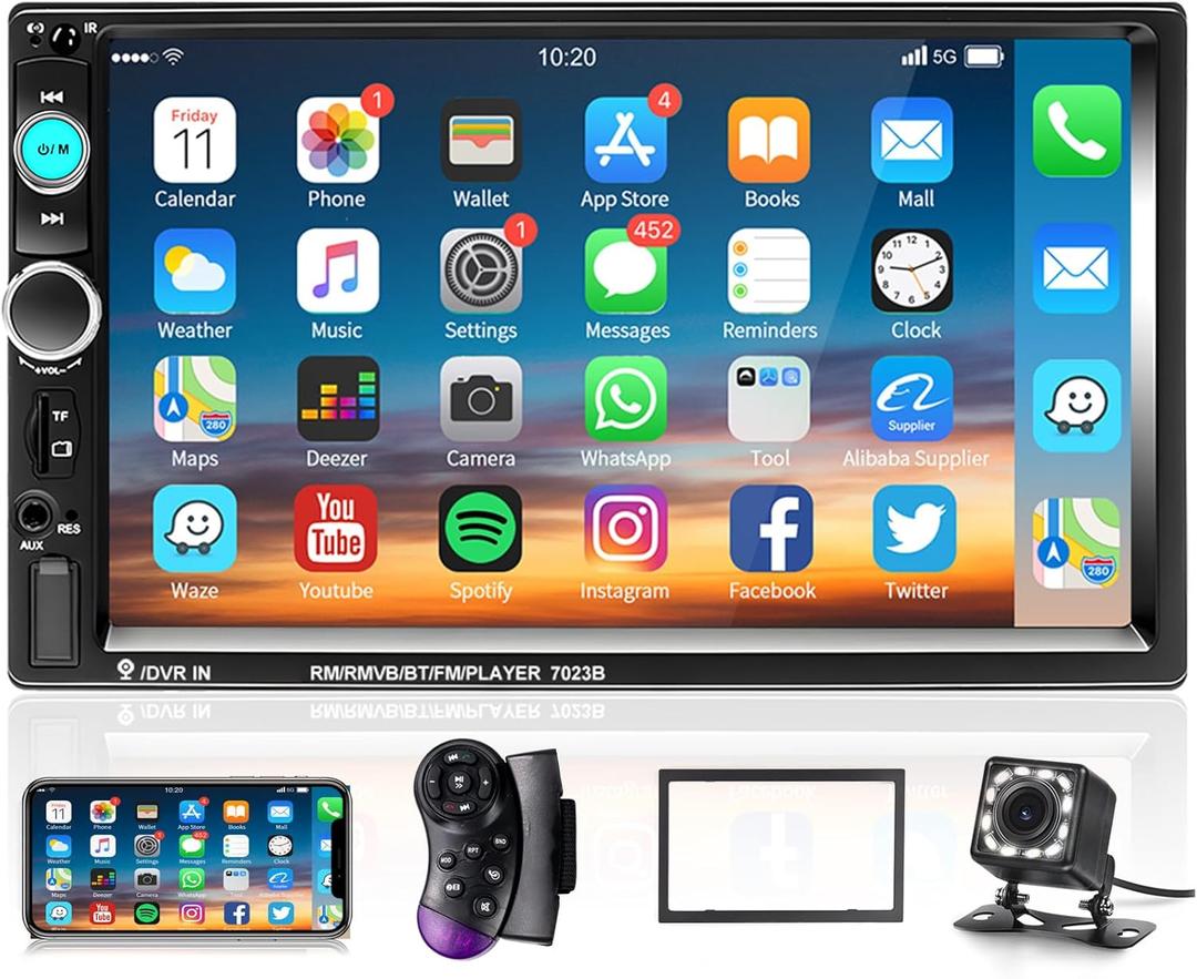 Podofo Car Stereo Double Din Car Radio 7 Inch MP5 Player with HD Touch Screen Digital Display Bluetooth Multimedia Support PhoneLink USB SD Aux-in 2 Din Autoradio with Backup Camera