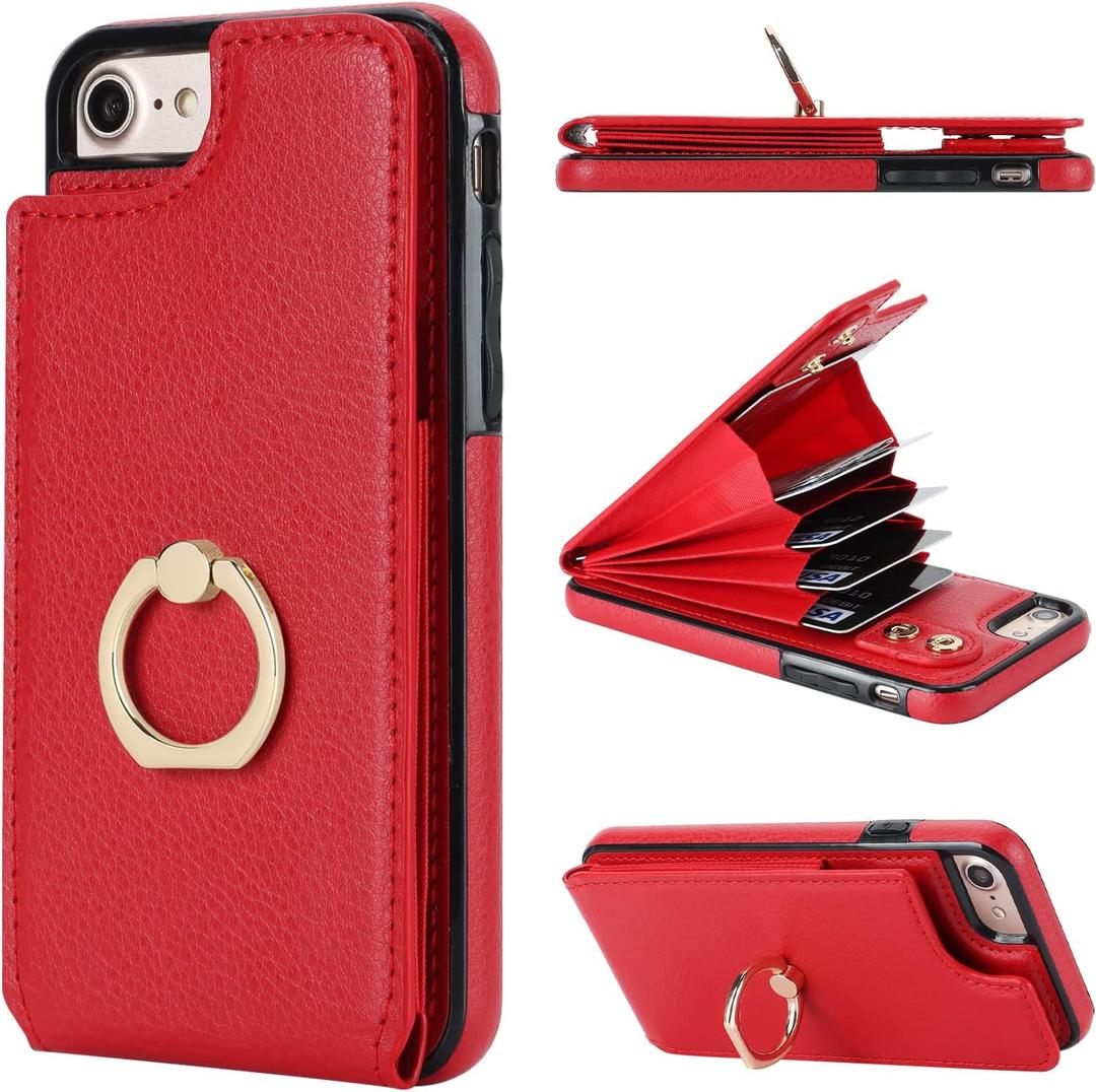 Folosu iPhone SE(2022)/SE(2020)/7/8 Wallet Case with Card Holder, 360Rotation Ring Holder Kickstand, RFID Blocking PU Leather Flip Shockproof Cover, 4.7 Inch Red