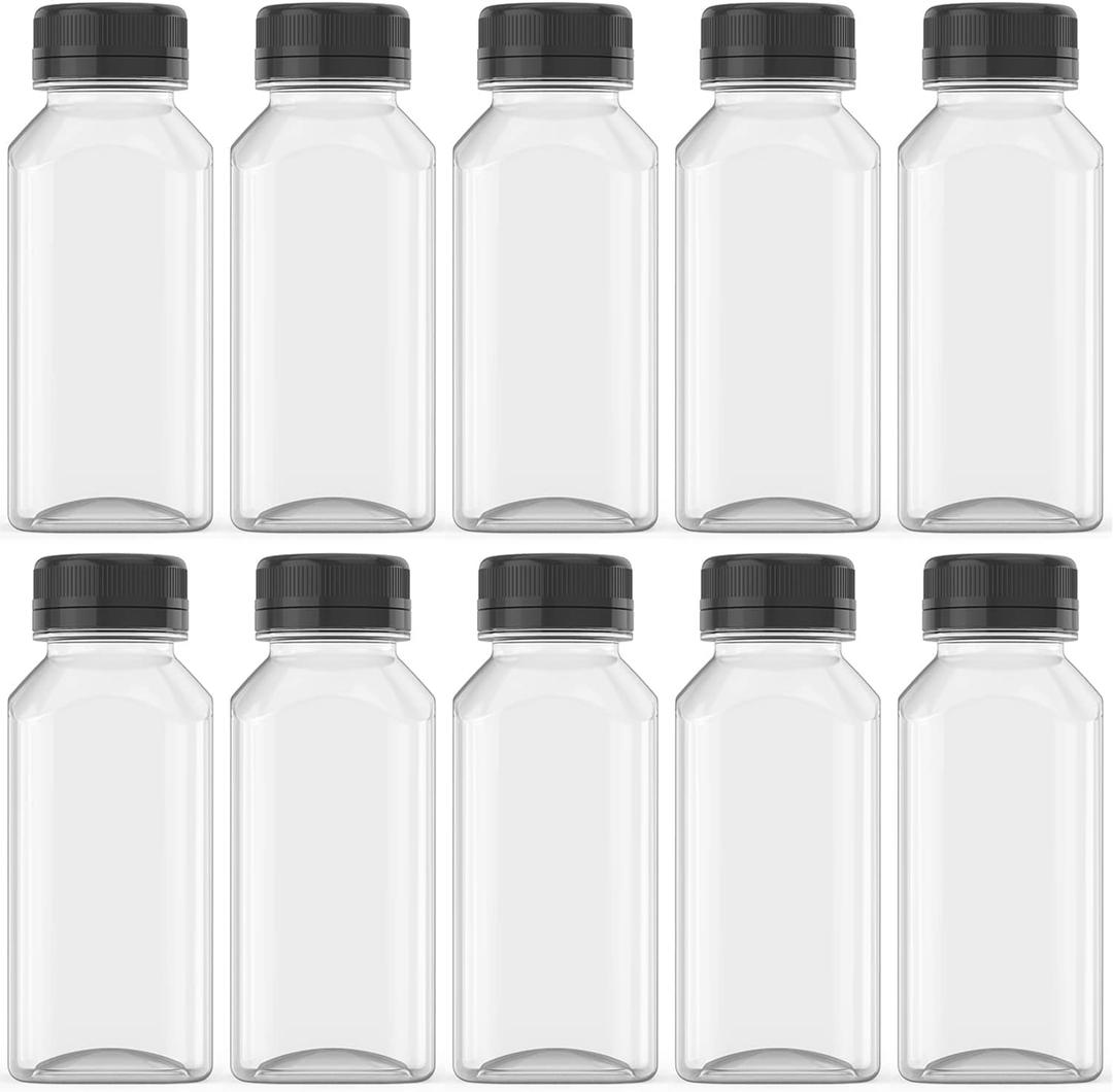 10 Pcs 8 Oz Plastic Juice Bottles Empty Clear Containers with Tamper Proof Lids for Juice, Milk and Other Beverage