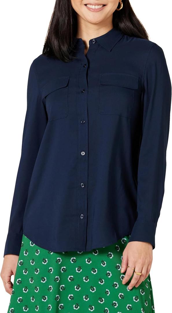Amazon Essentials Women's Georgette Long Sleeve Relaxed-Fit Pockets Shirt (XX-Large, Navy)