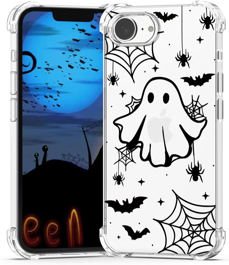 Halloween Case for iPhone 16e Clear Ghost Fashion Designs, Phone Cover Girls Stylish Slim Shockproof Bumper Protective Women Halloween Spider Web Phone Case for iPhone 16e Kids Bat