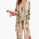 WDIRARA Women's 3 pcs Sleepwear Leaf Print Cami and Pants Pajama Set with Robe Xl