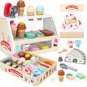 Wooden Ice Cream Toys for Kids Ice Cream Counter Shop for Toddlers Pretend Play Food Scoop and Serve with Scoop & Menu & Fake Money for Boys and Girls Ages 3 4 5 6.