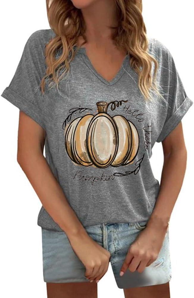 Womens Fall Pumpkin Shirt Cute Ghost Spooky Short Sleeve Salem Witch T-Shirts Halloween Skeleton Graphic Tees (Gray, M)