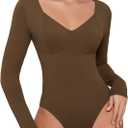 Avidlove Bodysuit for Women Long Sleeve Double Lined Tank Top V Neck Bodysuit Tummy Control Shapewear (Small, Brown)