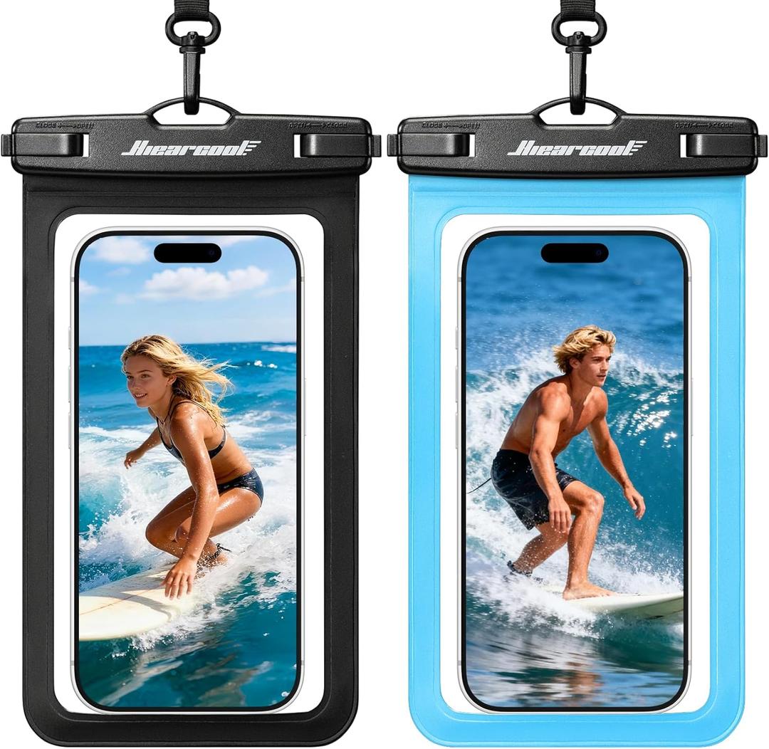 Hiearcool Universal Waterproof Case, Waterproof Phone Pouch Compatible for iPhone 17 16 15 14 13 Pro Max XS Plus Samsung Galaxy S22 Cellphone Up to 8.9", IPX8 Cellphone Beach Bag for Travel - 2 Pack (Black & Blue)