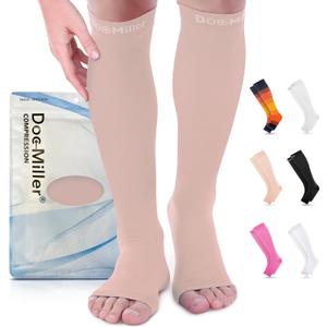 Doc Miller, Open Toe Compression Socks, 8-15 mmHg, Toeless, Support Circulation, Shin Splints, Calf Recovery, Varicose, Knee High, Medical Grade, Skin/Nude Socks, Large Size for Men & Women, Pair