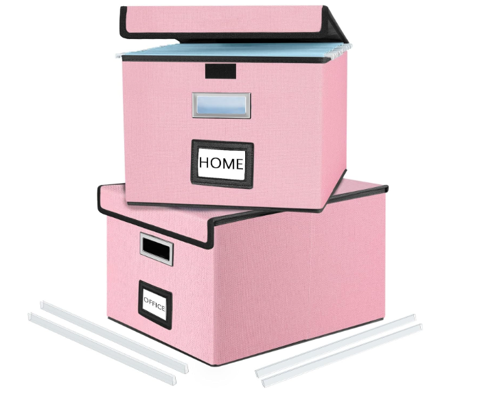 Huolewa Collapsible File Storage Organizer Boxes with Lids, Portable Large Linen Hanging Filing Storage Boxes, Decorative Home/Office Filling System for File and Folder Storage (Pink)-2 Pack