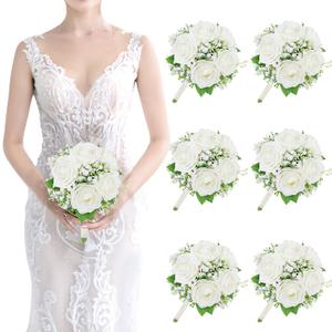 Artificial Bridesmaid Bouquets Set of 6-7 Inch Bridesmaid Bouquets Ivory White Rose Baby's Breath Pre-Made Silk Flower Bouquet for Wedding Bridal Shower Centerpiece Ceremony and Anniversary