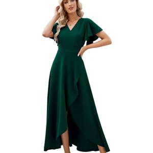 Long Black Formal Dresses for Women Gowns Evening Party Cocktail Dress,Split Elegant V Neck Wrap Ruffle Wedding Guest Dresses (Medium, Dark Green)