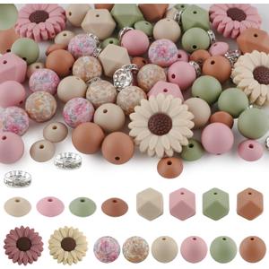 82Pcs 12mm 14mm 15mm Silicone Beads for Keychain Making, 10mm Rondelle Rhinestone Spacer Print Hexagon Round Camel Navajo Matcha Blush Sunflower Silicone Focal Beads for Pens