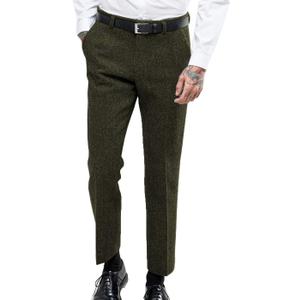 Ceehuteey Men's Retro Dress Suit Pants Thick Wool Flat Front Herringbone Tweed Trousers (32W x 32L, Army Green)
