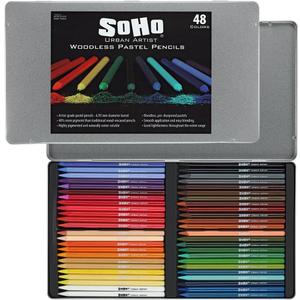 Soho Urban Artist Woodless Pastel Pencils - Set of 48, Professional Artist-Grade, 40% More Pastel, Water-Soluble, Pre-Sharpened, Easy Blending, 6.93mm Barrel, Clear Lacquered, Pack of 1, Assorted
